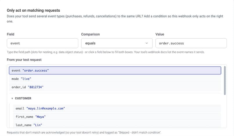 The Only act on matching requests setting, with a condition that limits the webhook to successful orders.