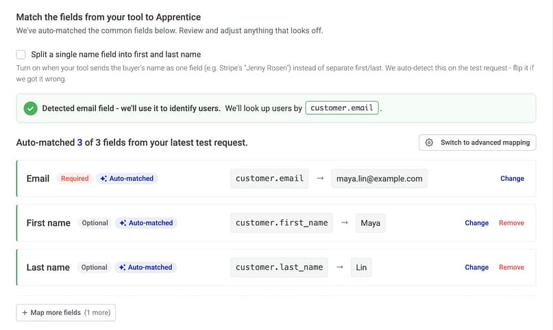 The Field mapping tab with email, first name and last name all auto-matched and showing the values from the test, maya.lin@example.com, Maya and Lin.