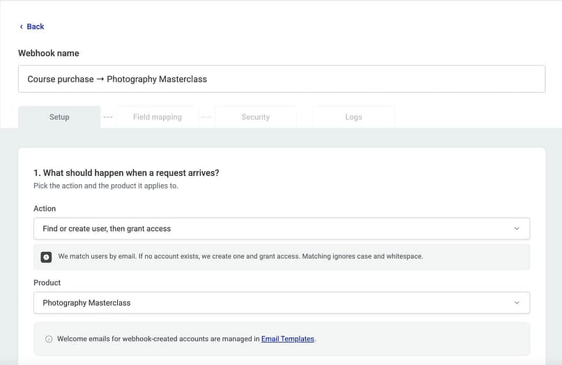 The Setup tab of a webhook named Course purchase → Photography Masterclass, with the action Find or create user, then grant access and the product Photography Masterclass.