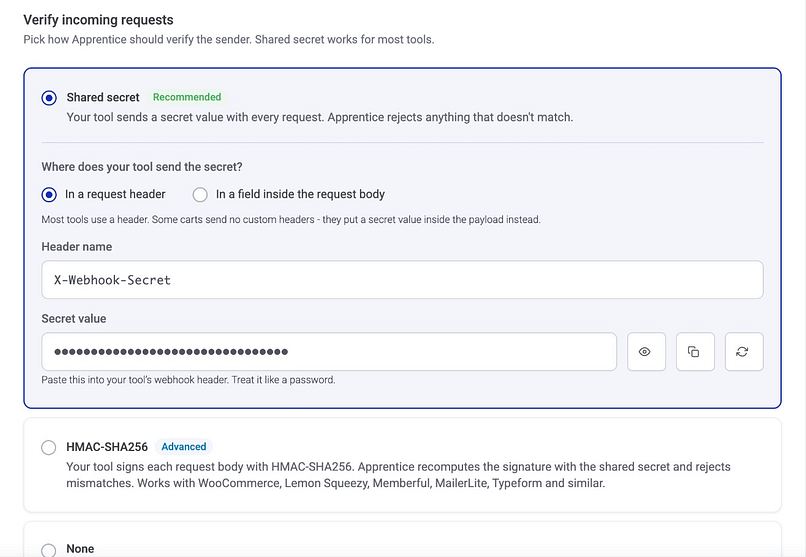 The Security tab with Shared secret selected and marked Recommended, and a secret already generated and ready to copy.