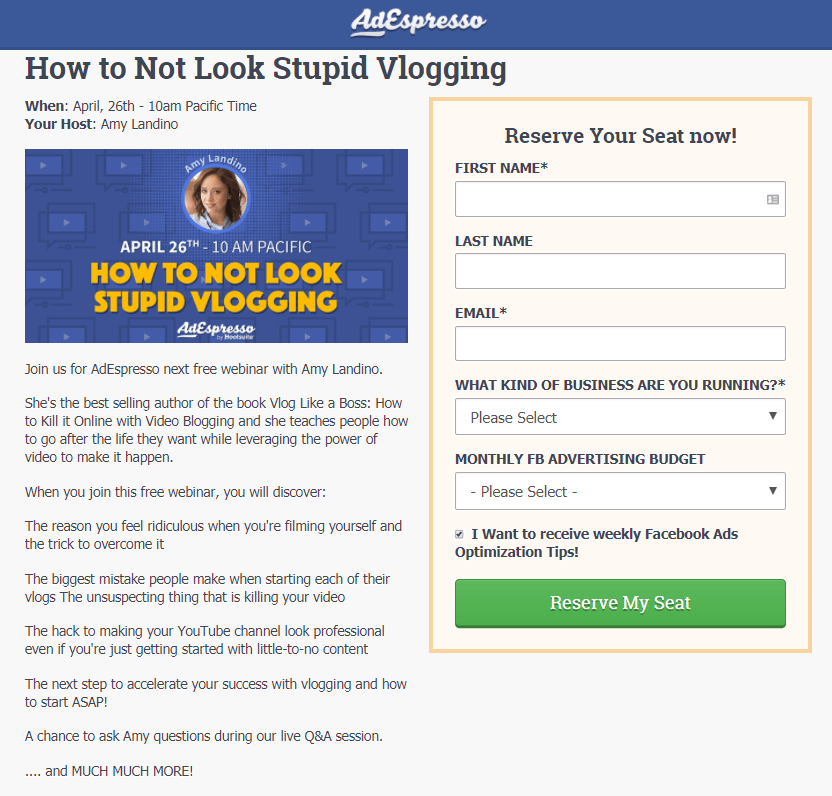 Webinar signup examples Adespresso