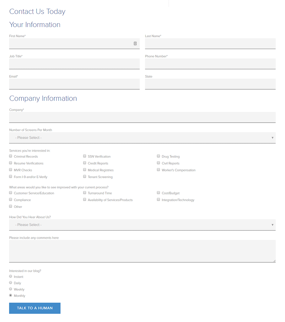 Contact form button text on ChoiceScreening's website: Talk to a human Call-to-action examples ChoiceScreening