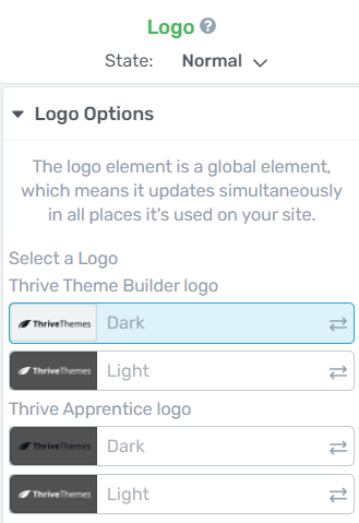Feature Roundup - SEP 2021 - Logo element light and dark options Choosing a Logo variant in the Thrive Visual Editor