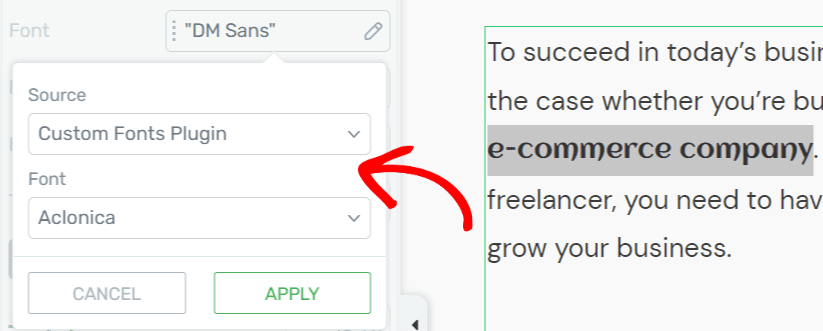 Font settings in Thrive Architect showing Custom Fonts source