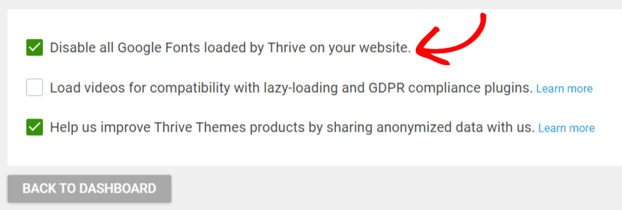 Thrive Dashboard with Disable Google Fonts checkbox
