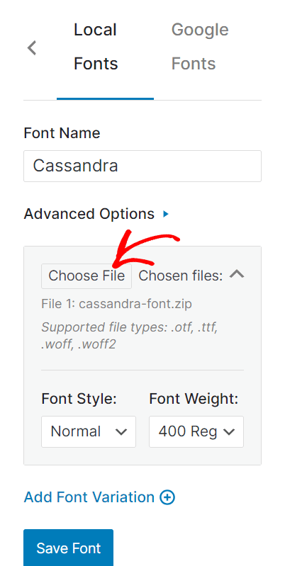 Local Fonts tab with font name and file upload options