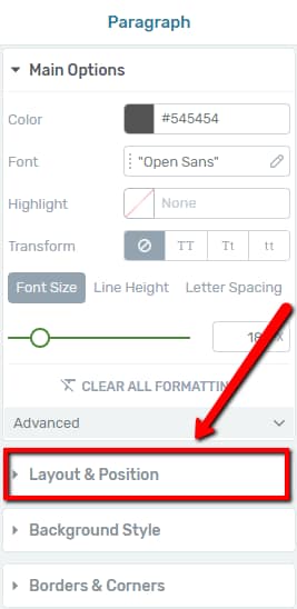 Layout and Position panel with Margins and Padding box