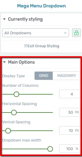 Mega Menu dropdown configuration showing grid display type and spacing controls
