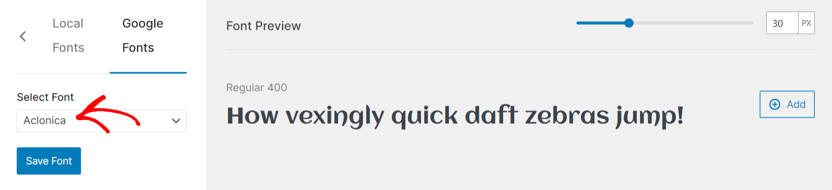 Custom Fonts plugin Google Fonts tab with font dropdown