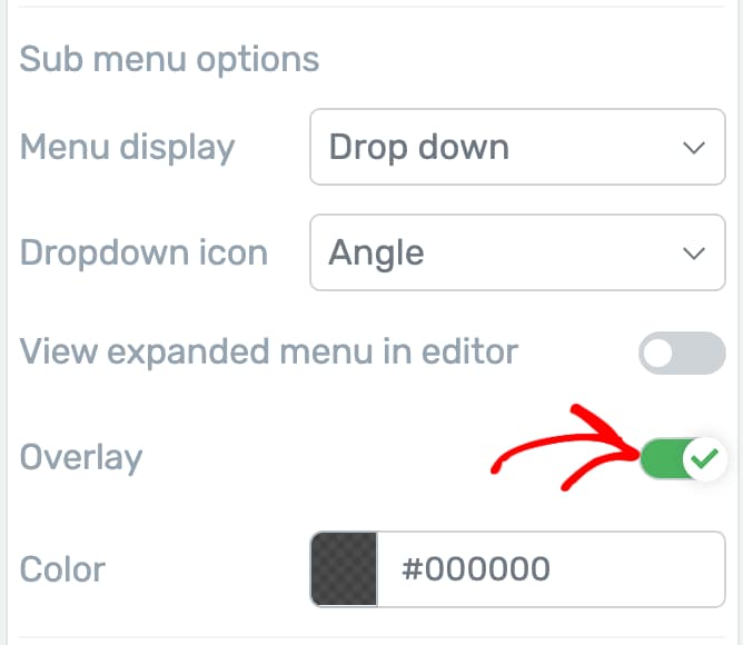 Overlay toggle and color picker settings for hamburger menu