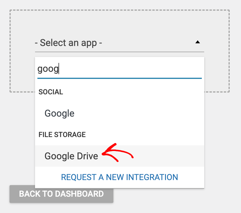 Select Google drive as the app to build an API connection with Thrive Dashboard.