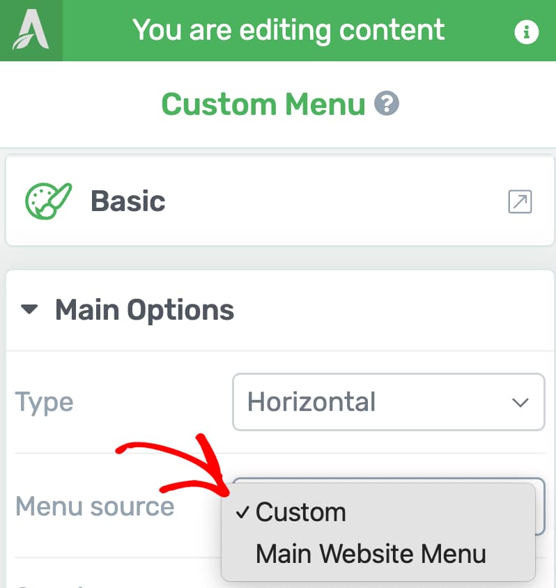 Menu Source option showing Custom and WordPress Menu choices