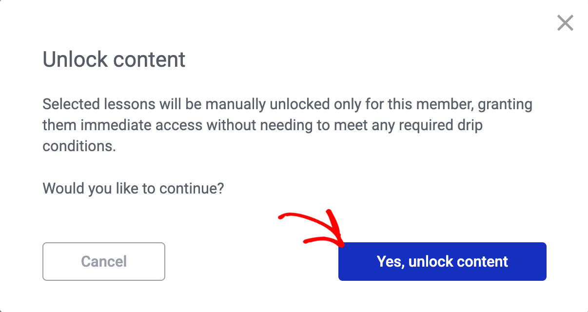 Click Yes, unlock this content to confirm unlocking multiple lessons