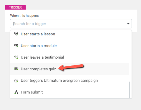 Setting up the User completes quiz trigger in Thrive Automator