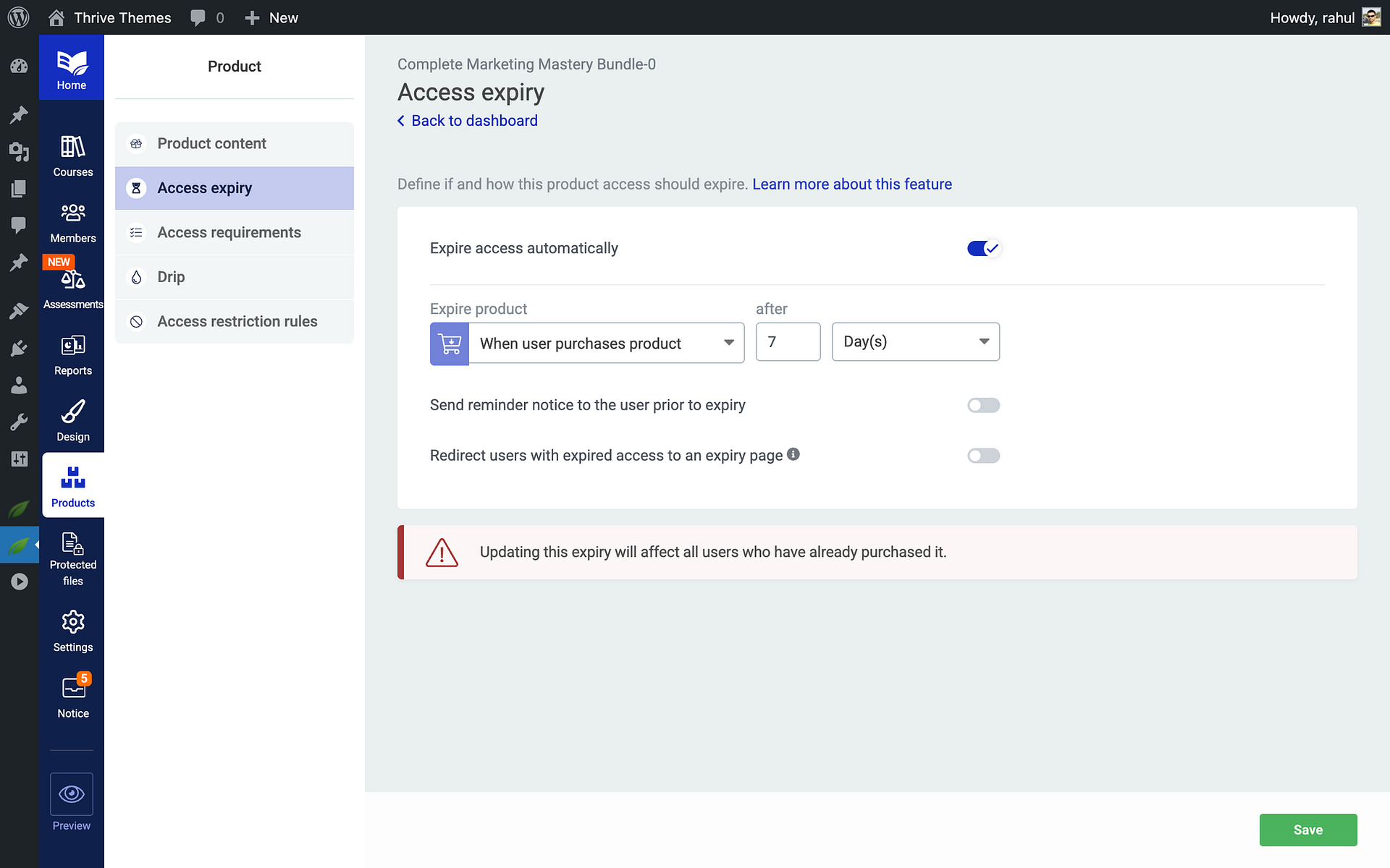What Happens When Access Expires - redirect toggle in Thrive Apprentice