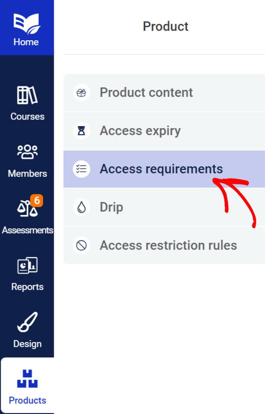 Product detail view showing the Access requirements tab selected with a red arrow