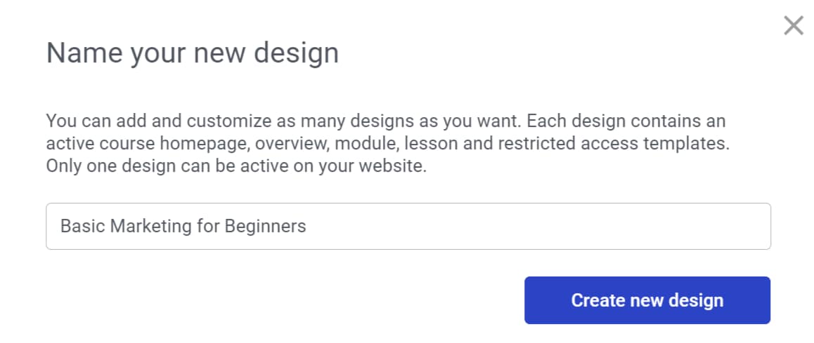 Naming the new design in the Create new Design popup