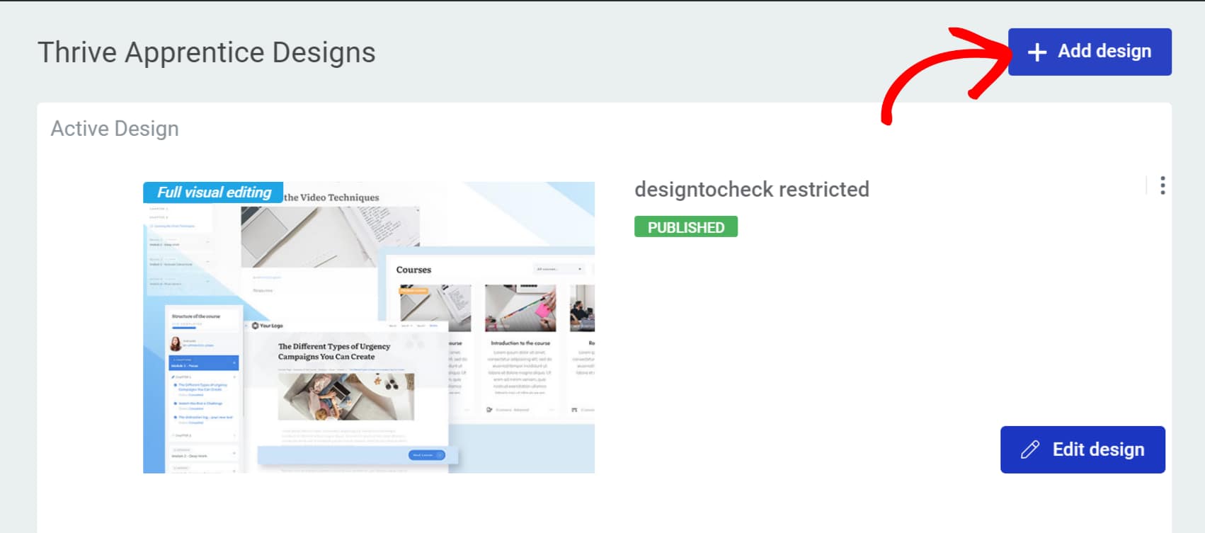 Clicking the +Add Design button on the Design page