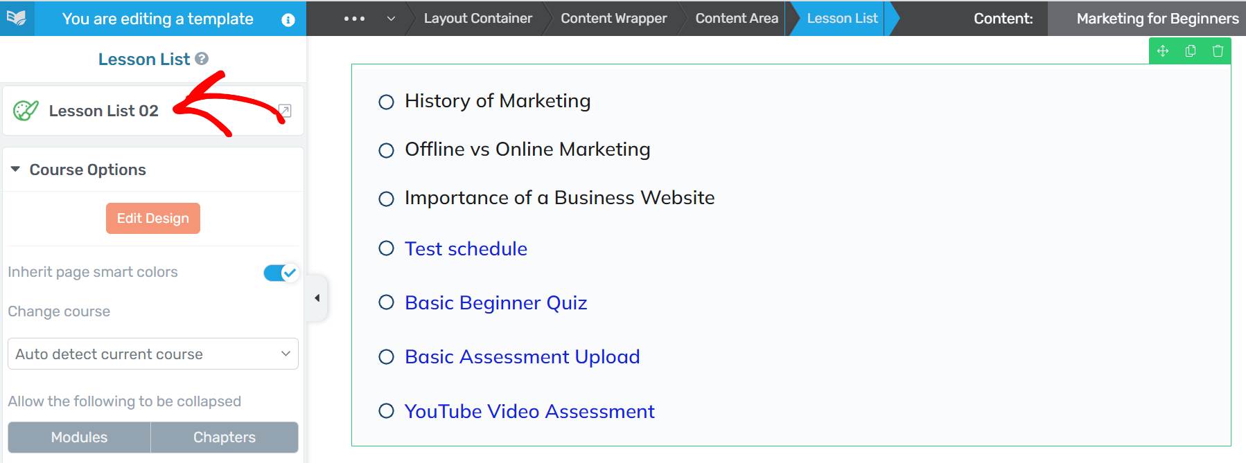 Clicking the lesson list template name in the left panel