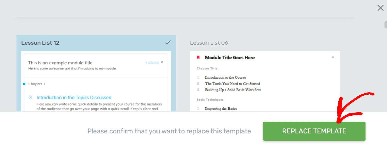 Clicking Replace Template to update the lesson list