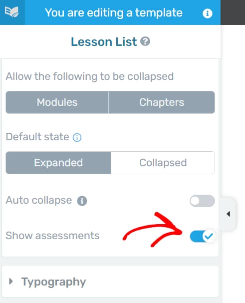 Enabling the Show Assessments toggle under Course Options