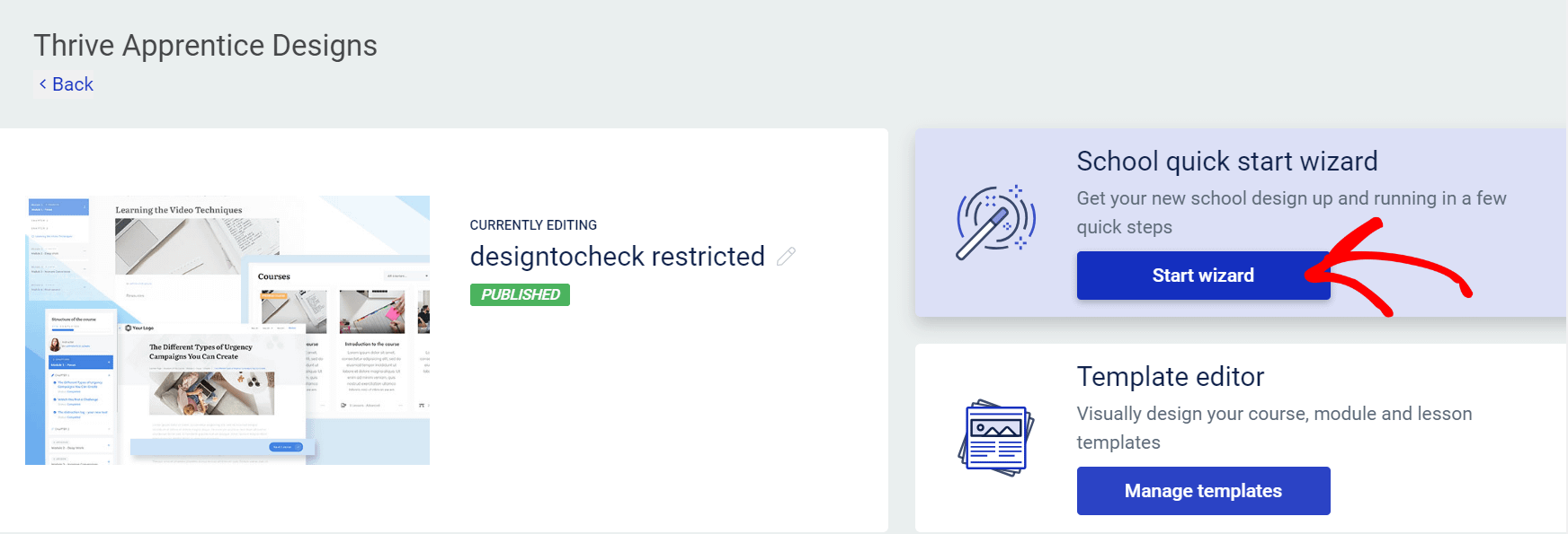 Clicking the Start Wizard button in Thrive Apprentice