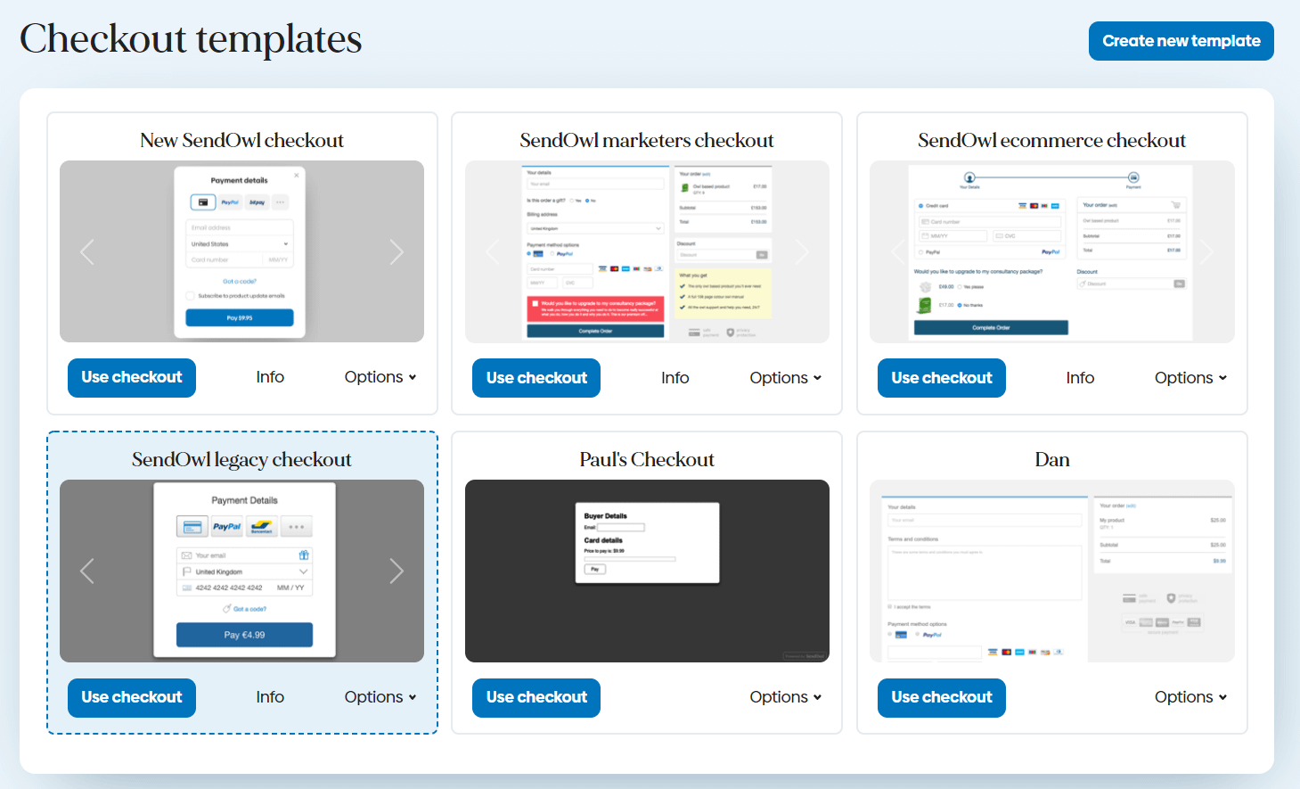 SendOwl checkout templates selection