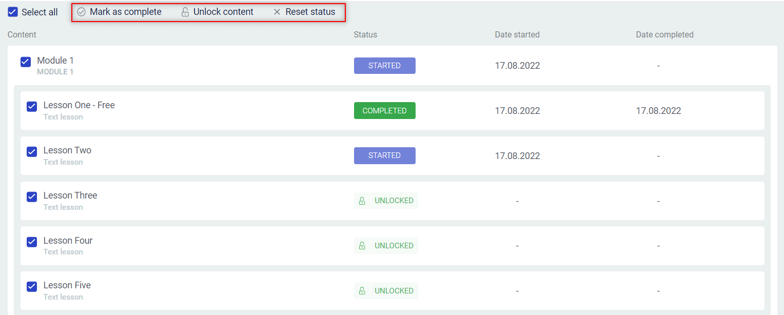 Select all checkbox and bulk action options