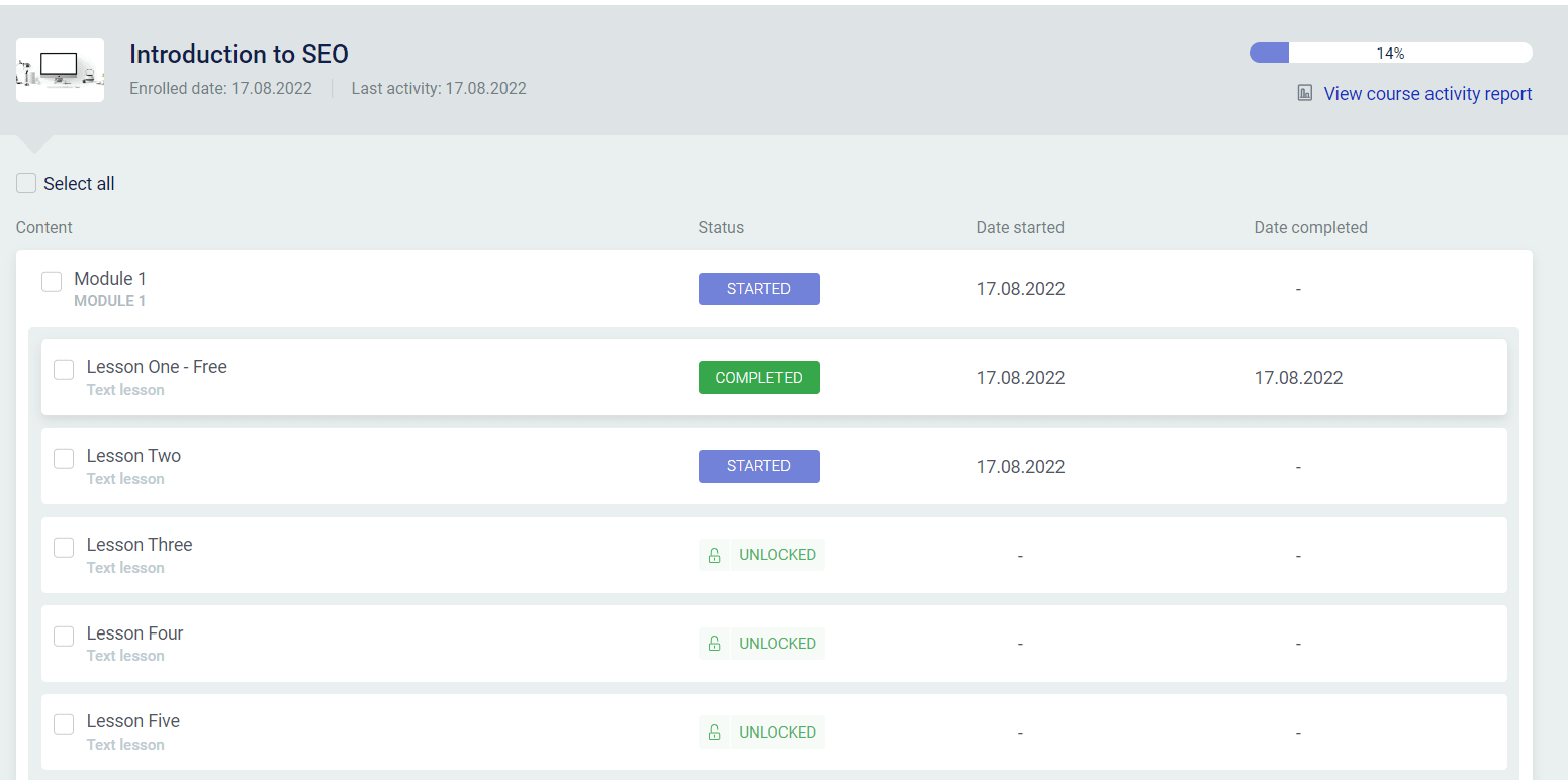Course detail showing module and lesson status