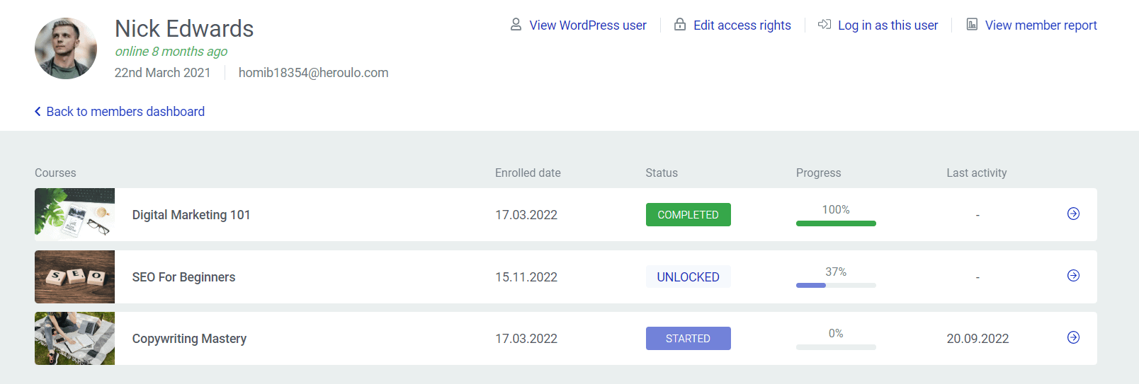 Member dashboard showing enrolled courses
