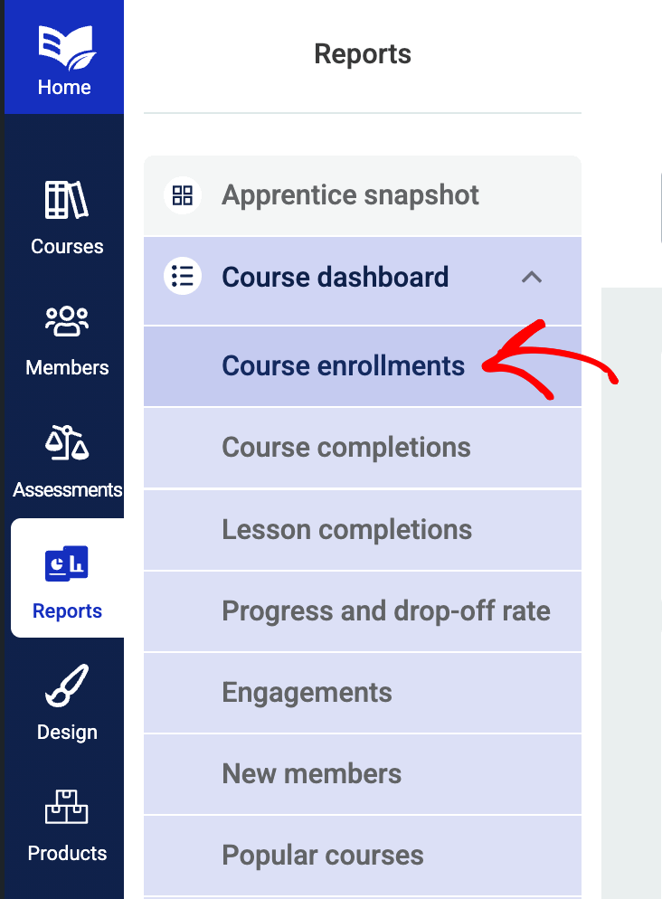 Click Course Enrollments from the sub-reports list