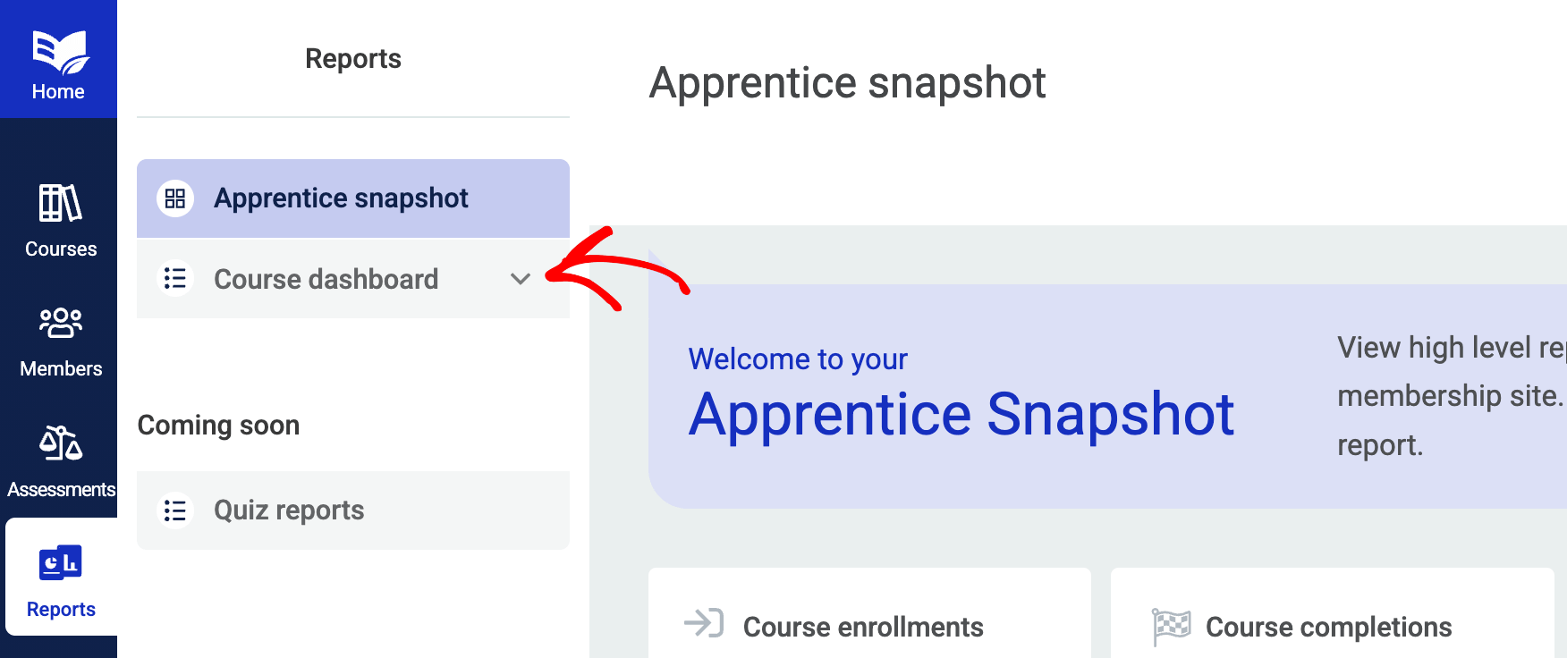 Expand the Course Dashboard dropdown in the Reports left panel