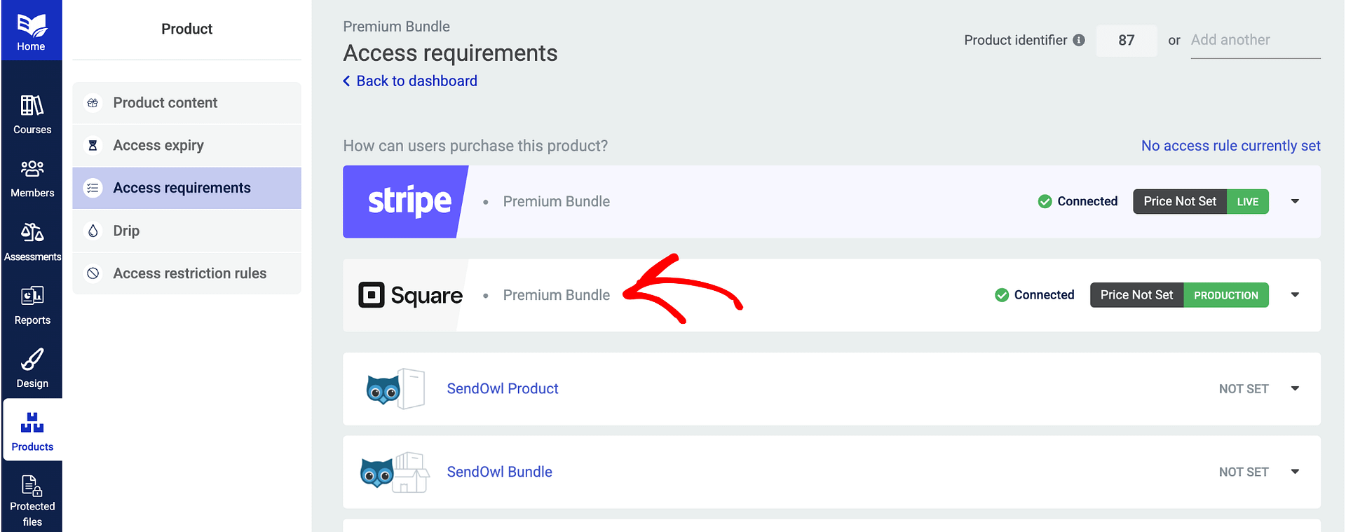 Access requirements panel showing Stripe and Square connected with the Square option highlighted