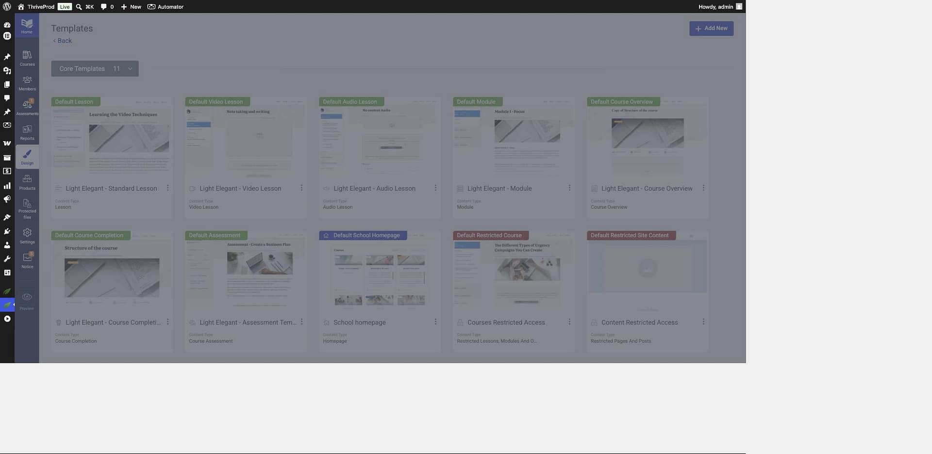 Templates library showing the Courses Restricted Access and Content Restricted Access template cards