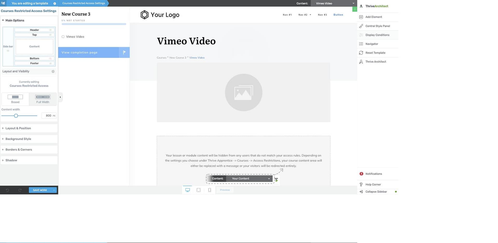 Courses Restricted Access template open in the Thrive Architect editor