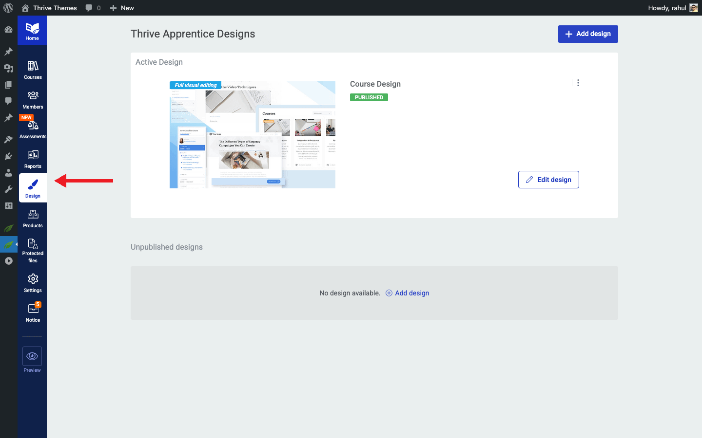 Accessing the Visual Editor - Design tab in the left sidebar in Thrive Apprentice