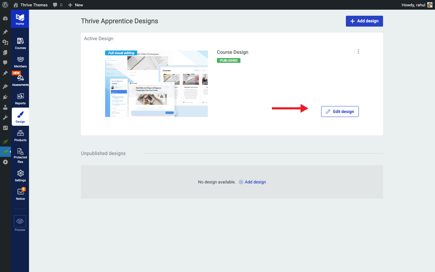 Accessing the Visual Editor - Edit Design button on the active design block in Thrive Apprentice