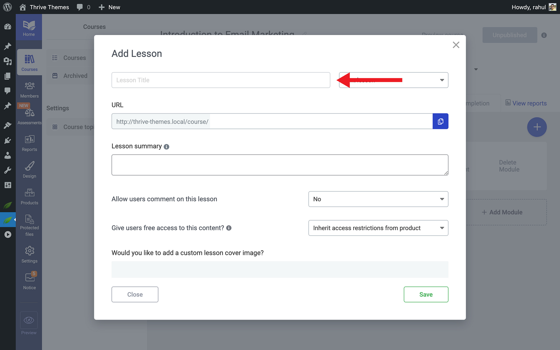 Adding Your First Lesson - Lesson Title in Thrive Apprentice