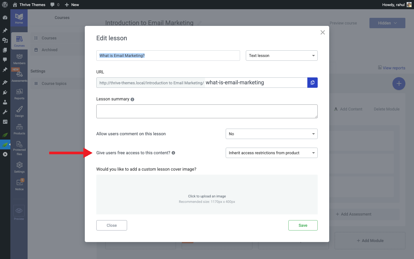 Making the First Lesson Free - Free access dropdown in Thrive Apprentice