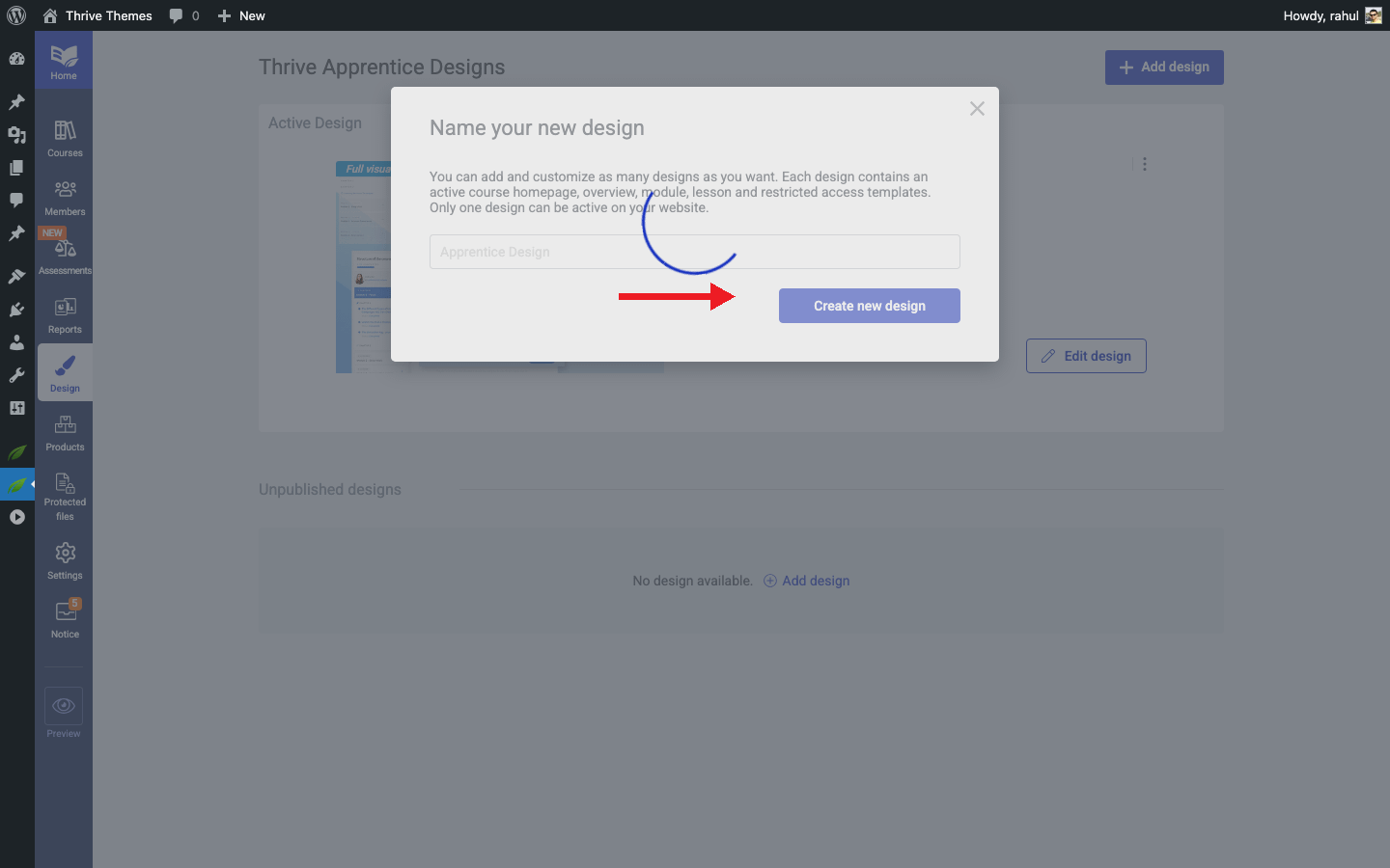 Adding a New Design from Scratch - Create New Design button in the modal in Thrive Apprentice