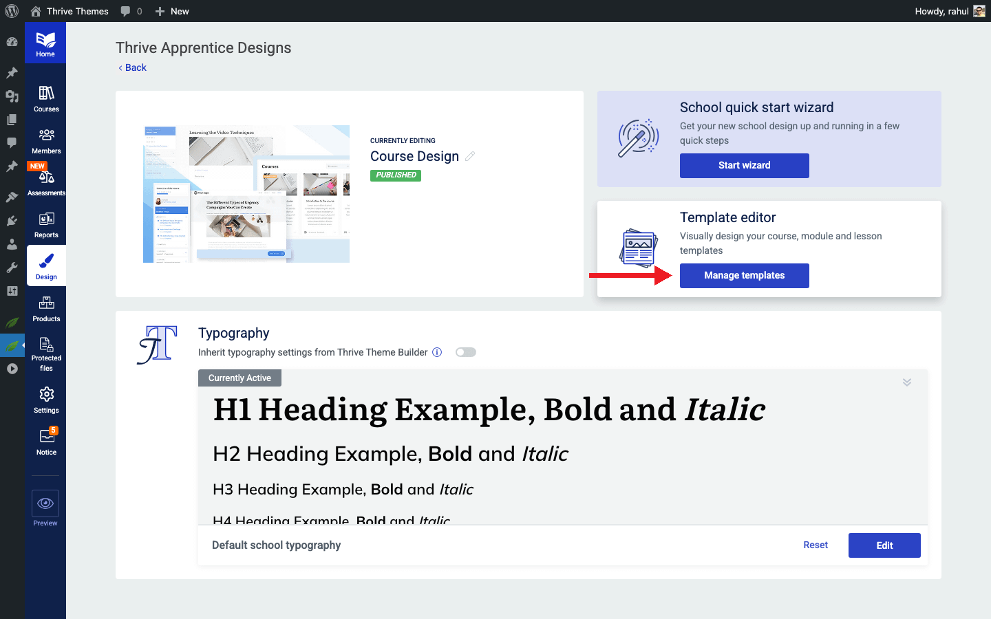 Creating and Using Templates Within a Design - Design editing dashboard with Manage Templates button in Thrive Apprentice