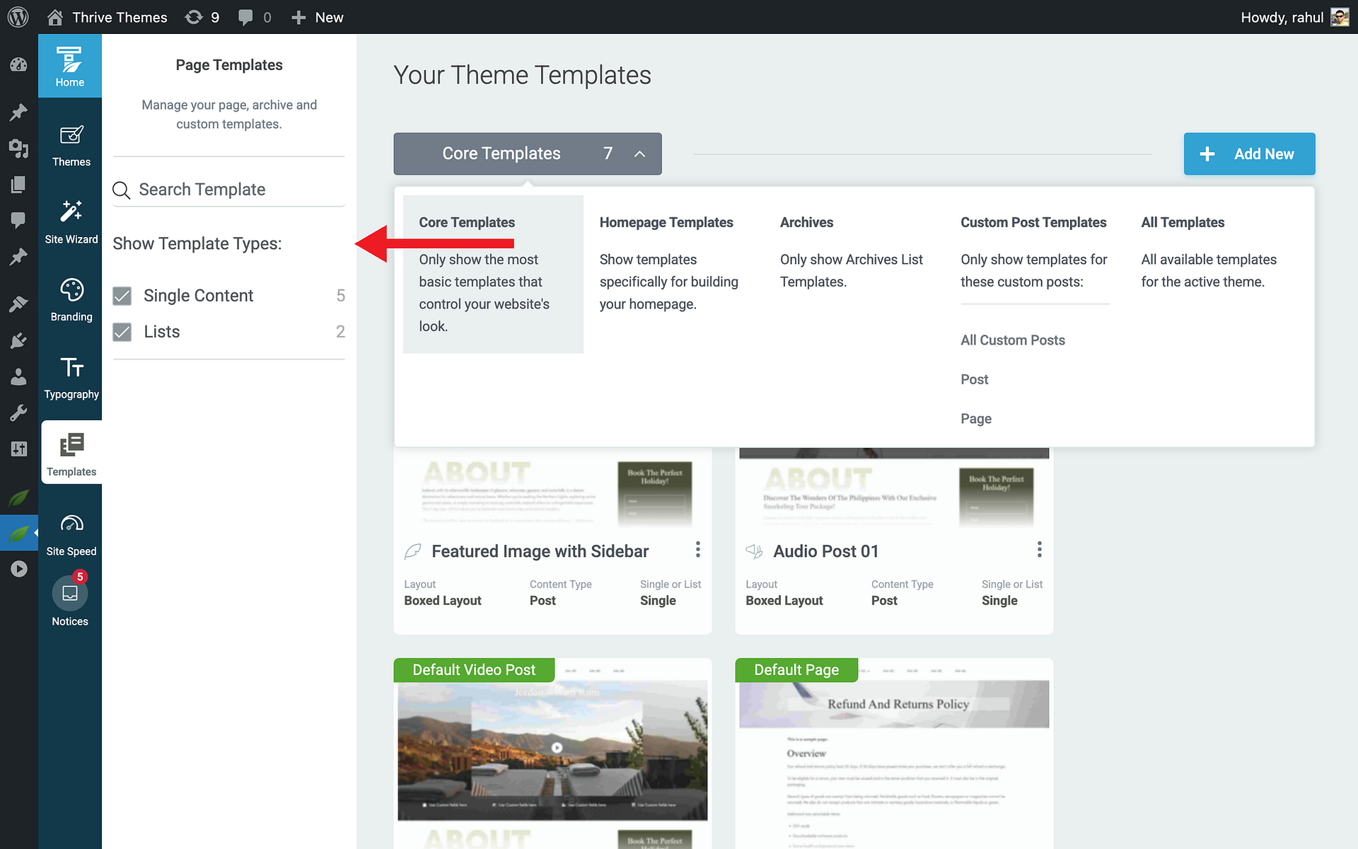 Filtering Templates - Show Template Types in Thrive Theme Builder