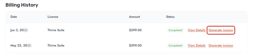 The Generate invoice link highlighted in a Billing History row