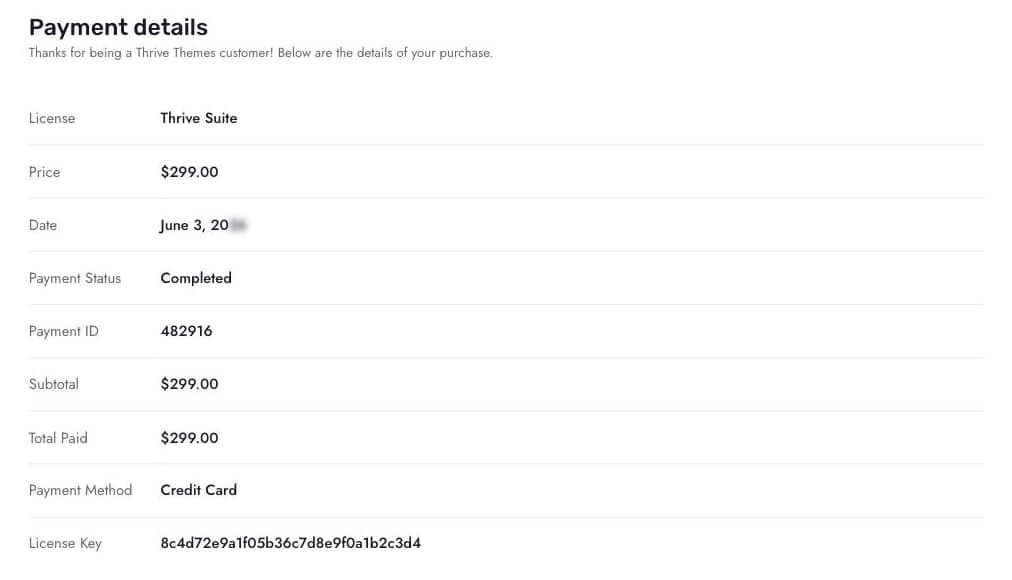 The Payment details view listing license, price, date, payment status, payment ID, subtotal, total paid, payment method, and license key