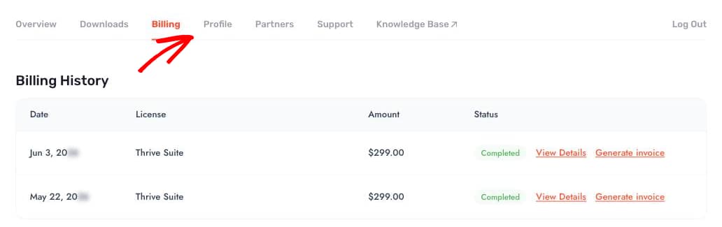 The Billing tab showing the Billing History table