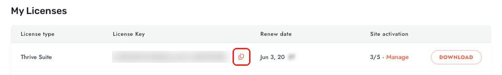The My Licenses table with the copy icon next to the license key highlighted