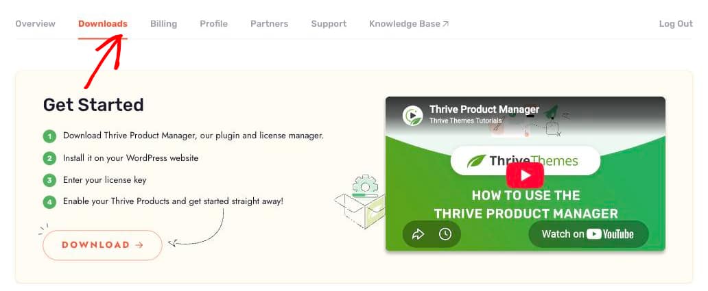 The Downloads tab selected in the account dashboard, showing the Get Started section