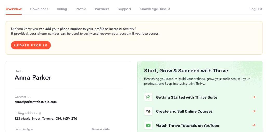 The Overview tab of the account dashboard with the account summary card and resource links