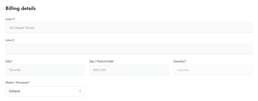 The Billing details section of the Profile tab with address, city, postal code, country, and state fields