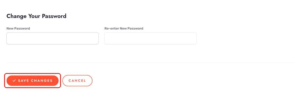 The Change Your Password section in editing mode with the Save Changes button highlighted